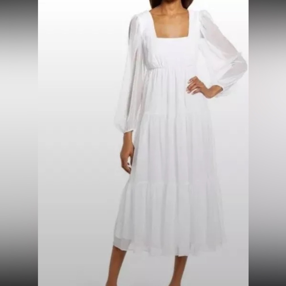 Chelsea 28 White Mesh Sleeve Tiered Lace Midi Dress NEW